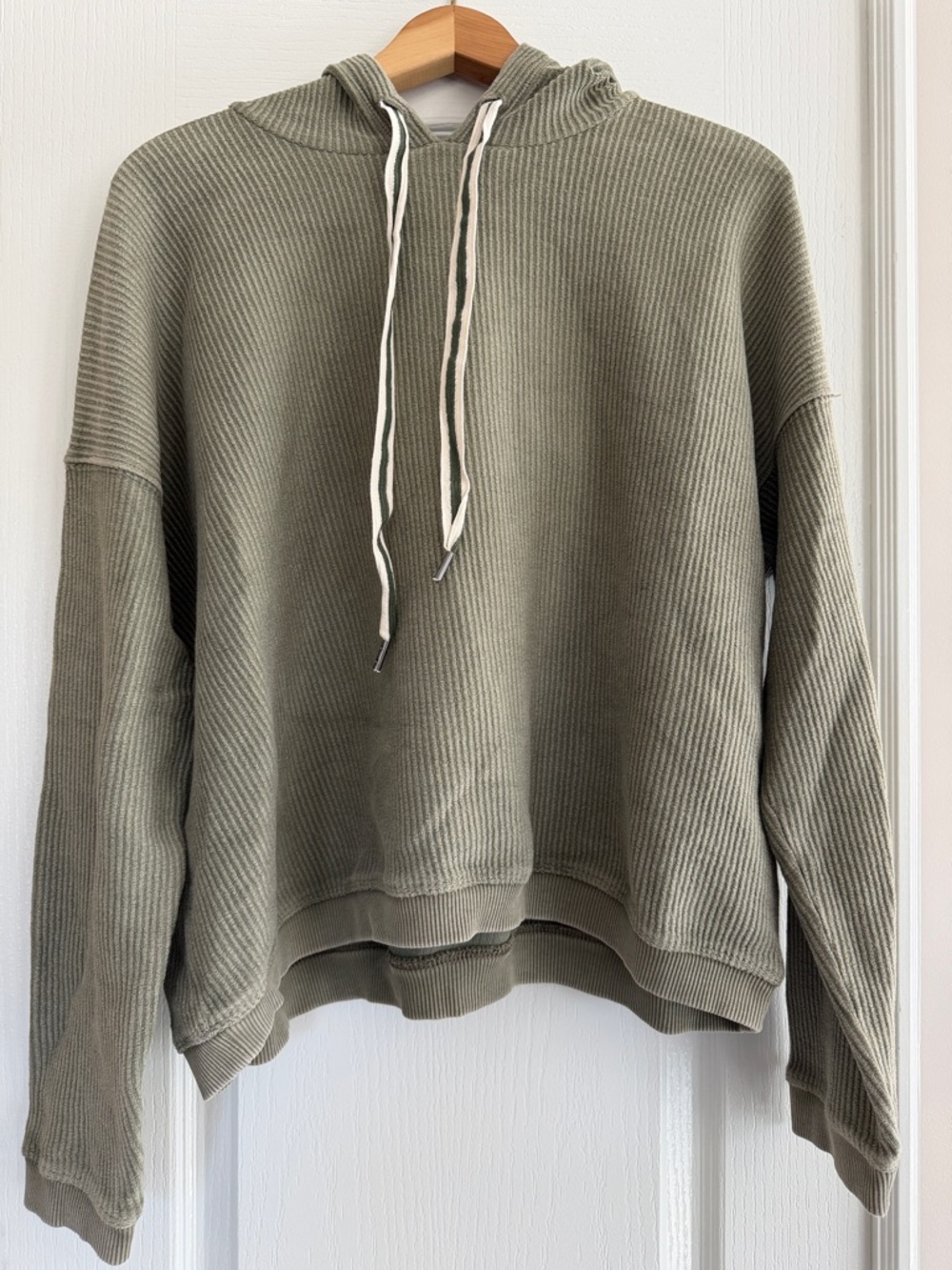 aerie Olive Ribbed Hoodie with Contrast Drawstrings